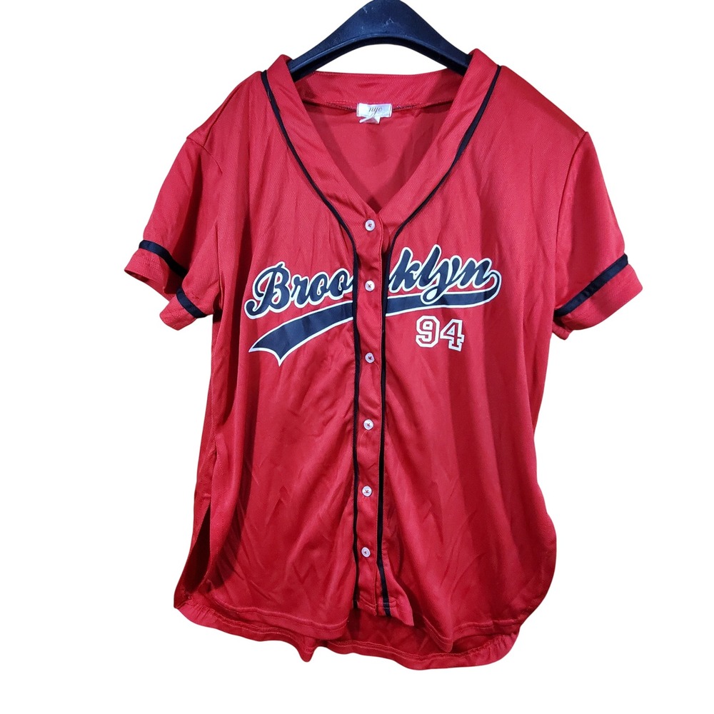 NYC Brooklyn 94 Baseball Jersey Red Black Mesh Button Down Shirt Mens Large